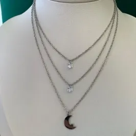 COLAR TRIPLO LUA COM ZIRCONIA AÇO CIRÚRGICO
