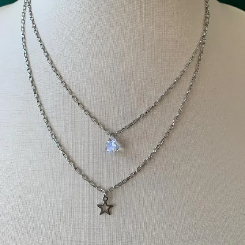 COLAR DUPLO EM AÇO CIRÚRGICO COM  ESTRELA E PINGENTE DE ZIRCONIA