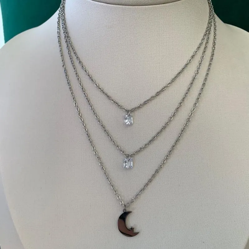 COLAR TRIPLO LUA COM ZIRCONIA AÇO CIRÚRGICO
