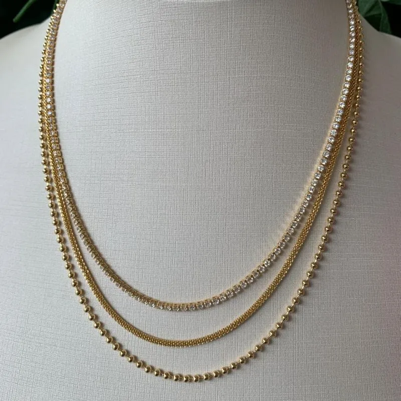 COLAR TRIPLO RIVIERA COM ZIRCONIA, ESPFERAS E RENDA
