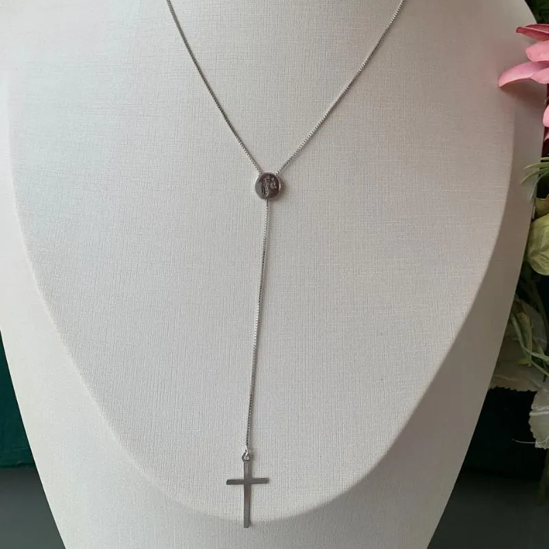 COLAR VENEZIANA GRAVATINHA COM CRUZ E FÉ RODIO BRANCO