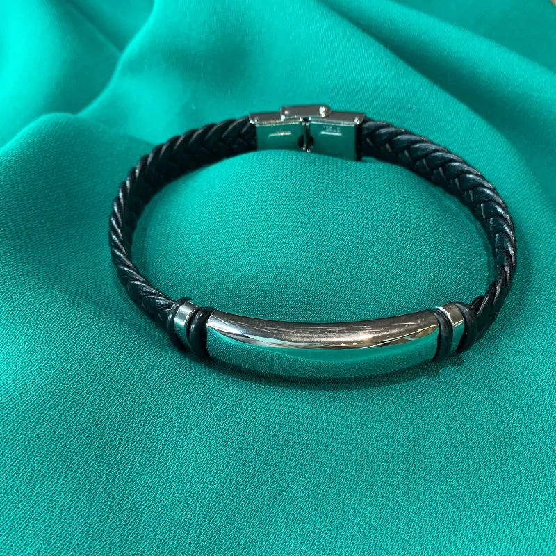 PULSEIRA MASCULINA COURO TRANCADO ACO